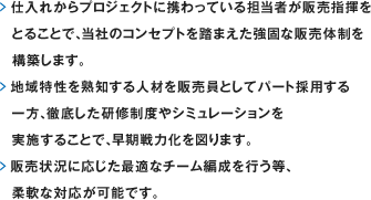 仕入れからプロジェクトに携わっている担当者が販売指揮をとることで、
　当社のコンセプトを踏まえた強固な販売体制を構築します。地域特性を熟知する人材を販売員としてパート採用する一方、徹底した研修制度やシミュレーションを実施することで、早期戦力化を図ります。販売状況に応じた最適なチーム編成を行う等、柔軟な対応が可能です。