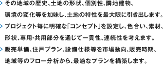 その地域の歴史、土地の形状、個別性、隣地建物、環境の変化等を加味し、
	 土地の特性を最大限に引き出します。プロジェクト毎に明確な「コンセプト」を設定し、色合い、素材、形状、専用・共用部分を通じて一貫性、連続性を考えます。販売単価、住戸プラン、設備仕様等を市場動向、販売時期、地域等のフロー分析から、最適なプランを構築します。